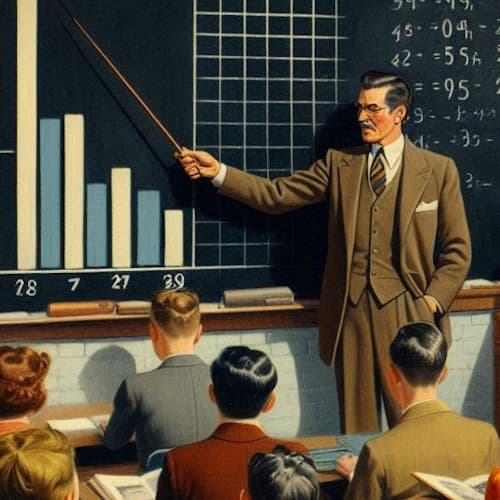 instructor explaining test results on chalkboard