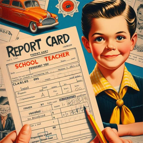 old time illustration of young student with A+ report card.
